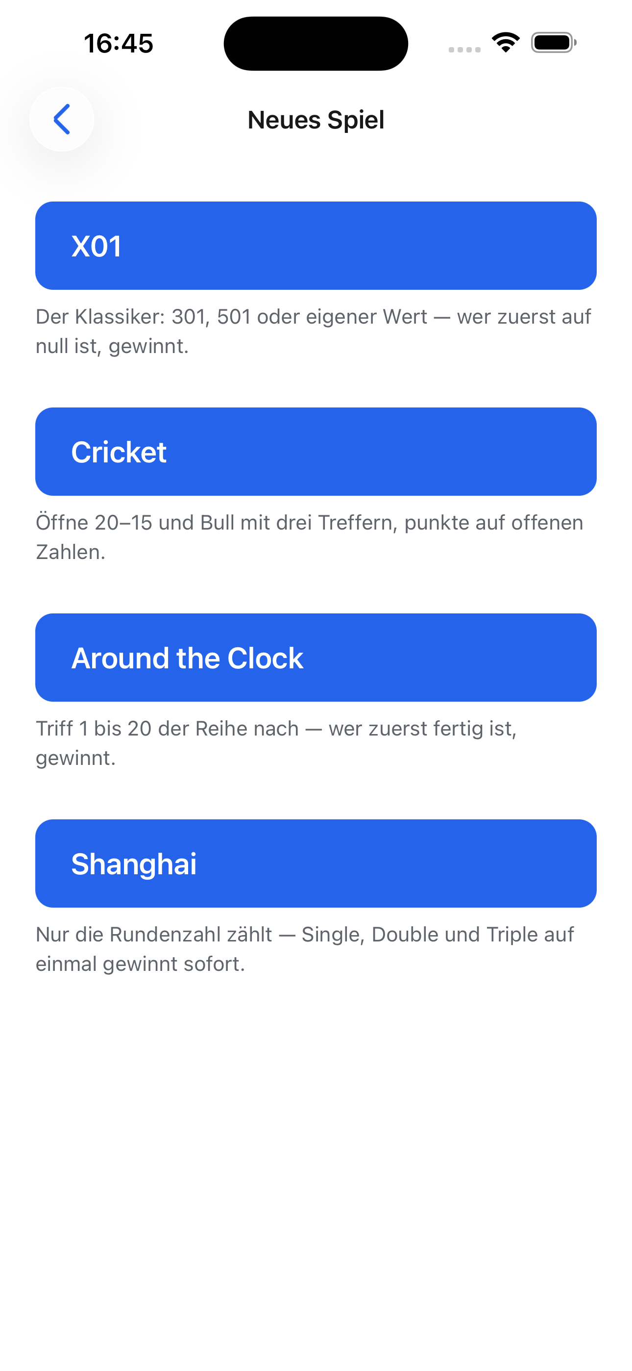 Vier Spiele: X01, Cricket, Around the Clock, Shanghai.