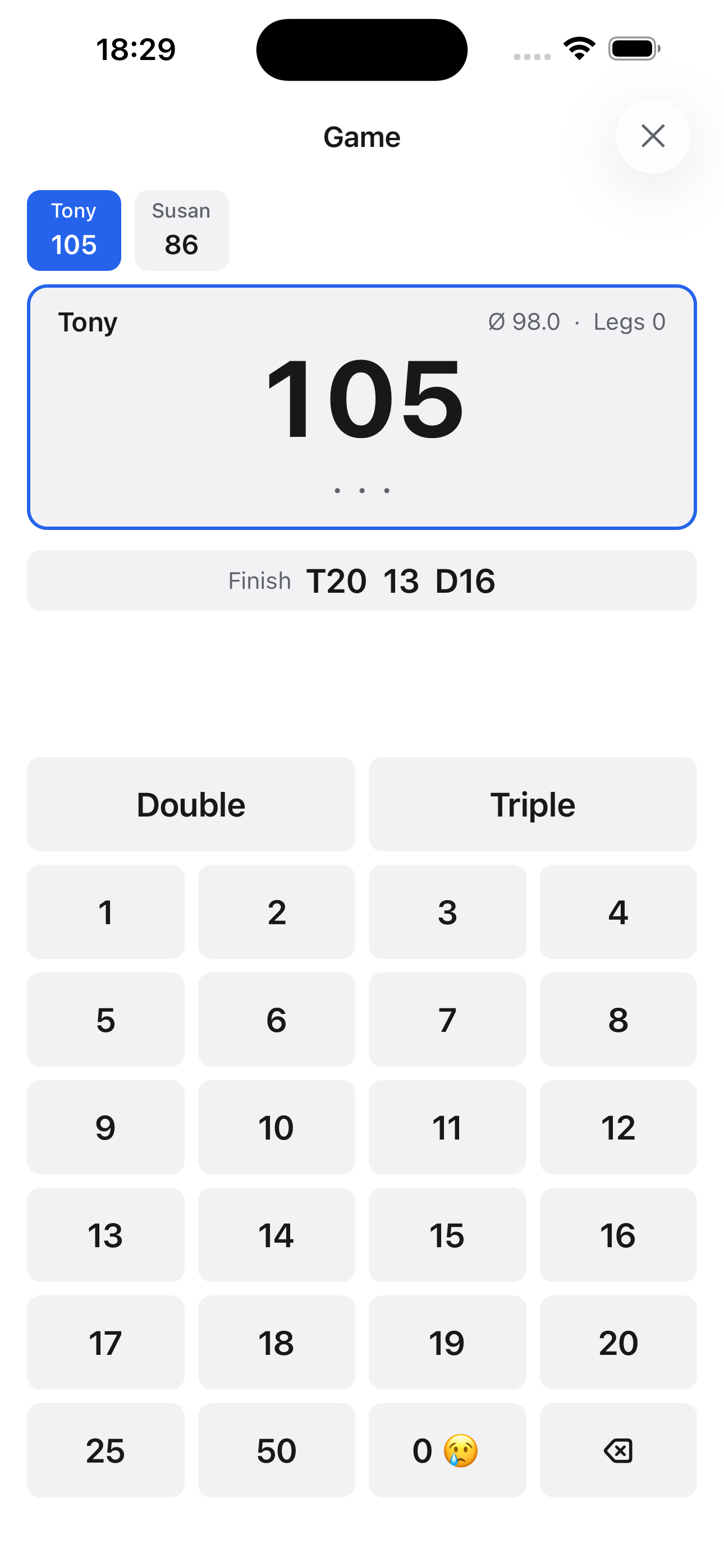 Tap each dart; checkout hints appear.
