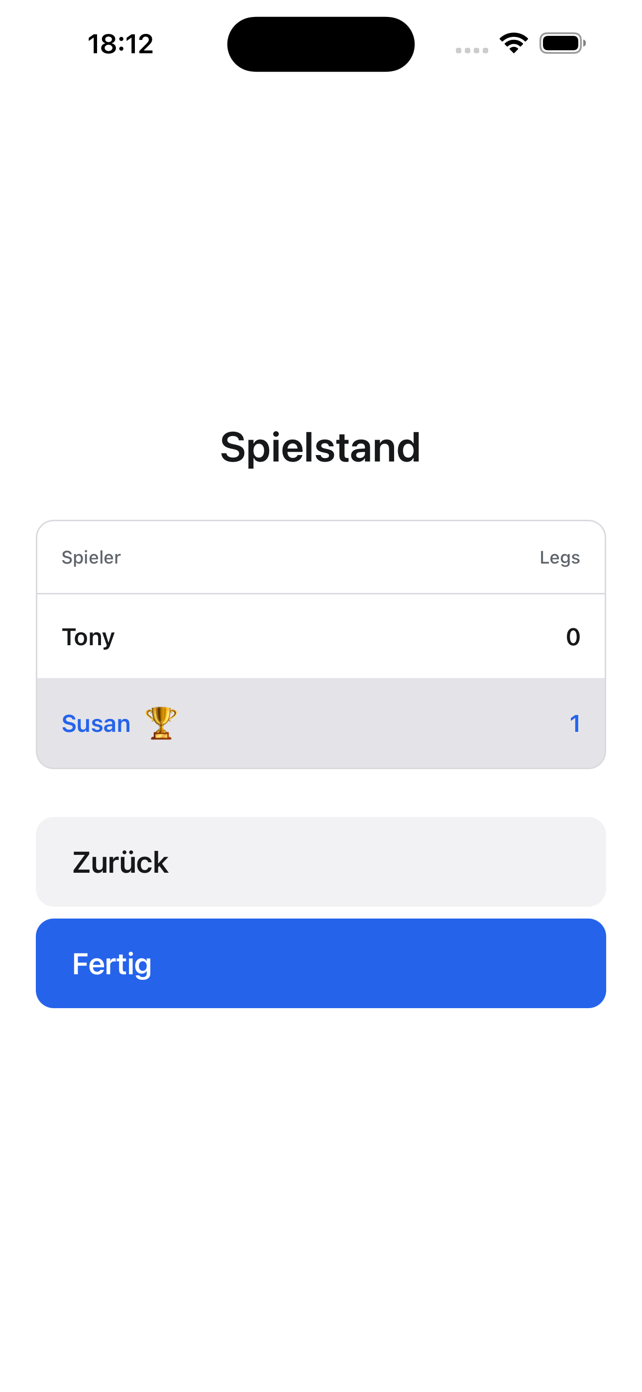 Leg, Satz und Spiel — mit Sieger-Übersicht.
