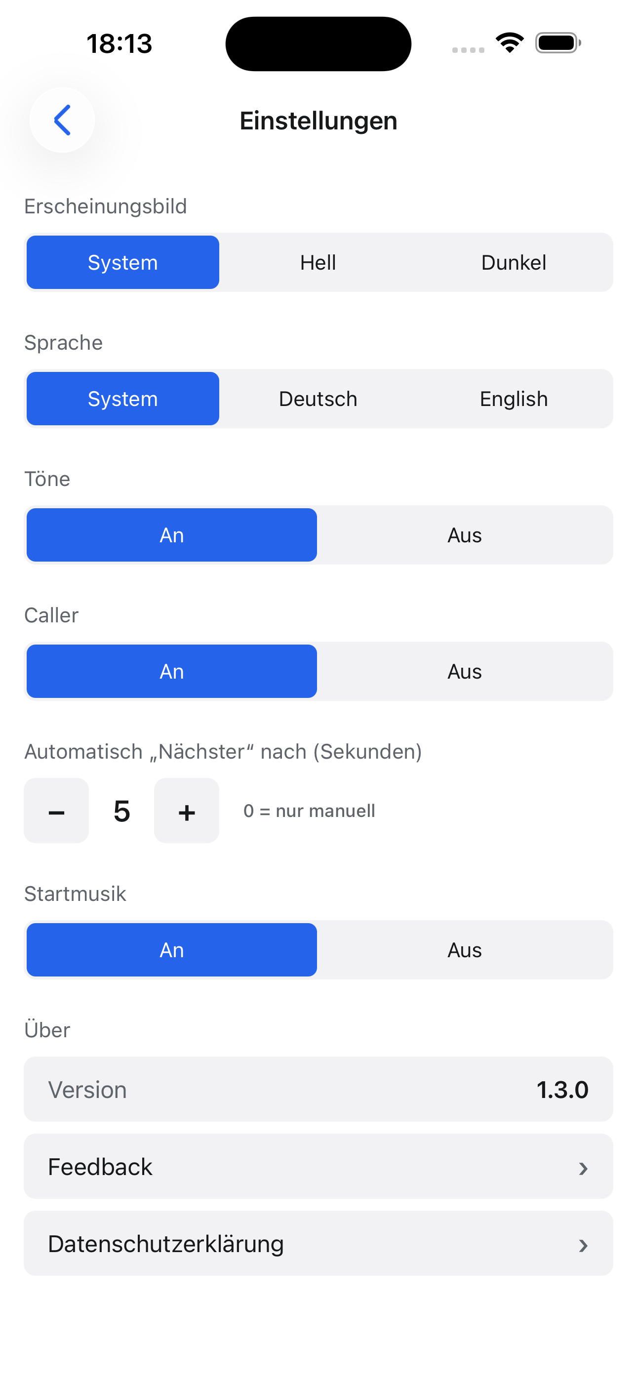 Caller, Töne, Sprache und Tempo — deine Wahl.