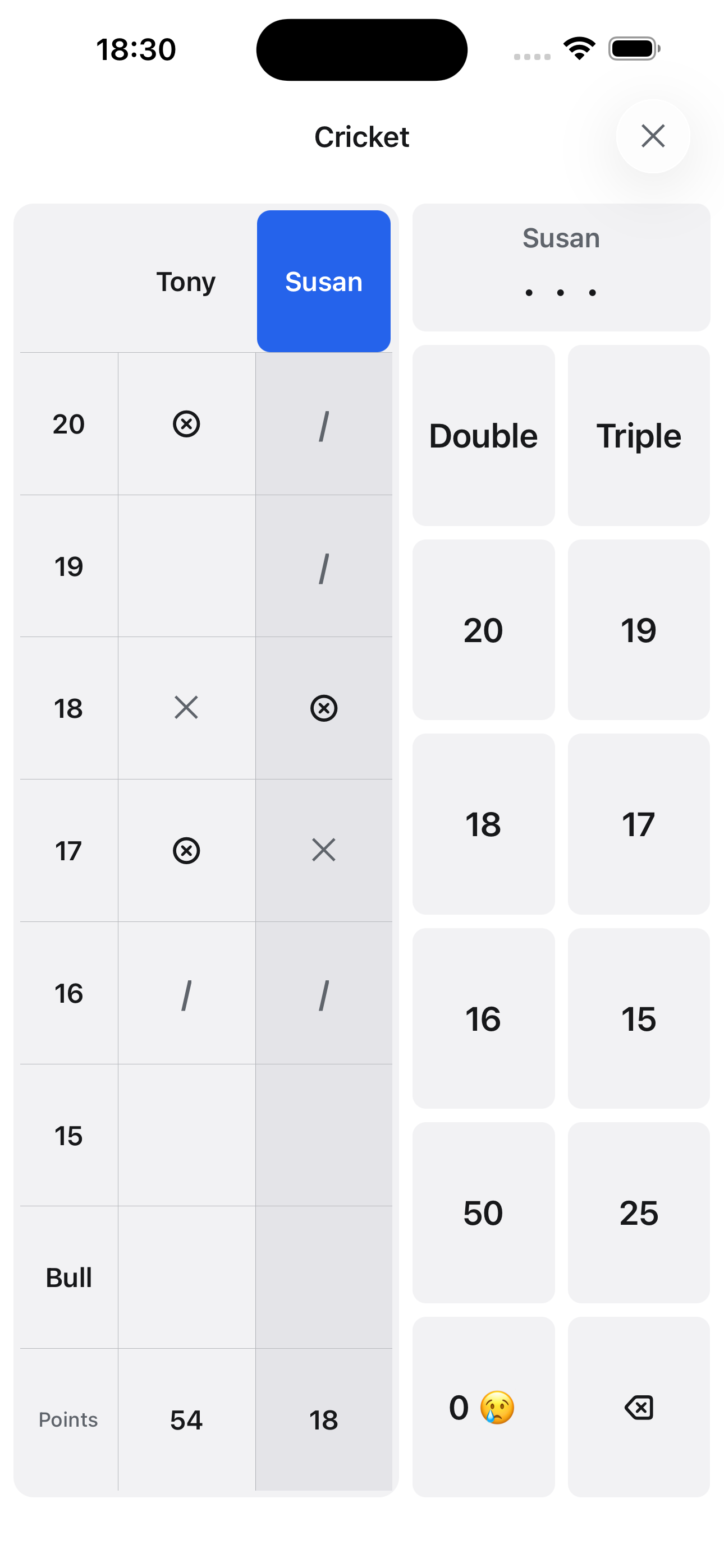 Marks and points at a glance; the caller announces opened numbers.